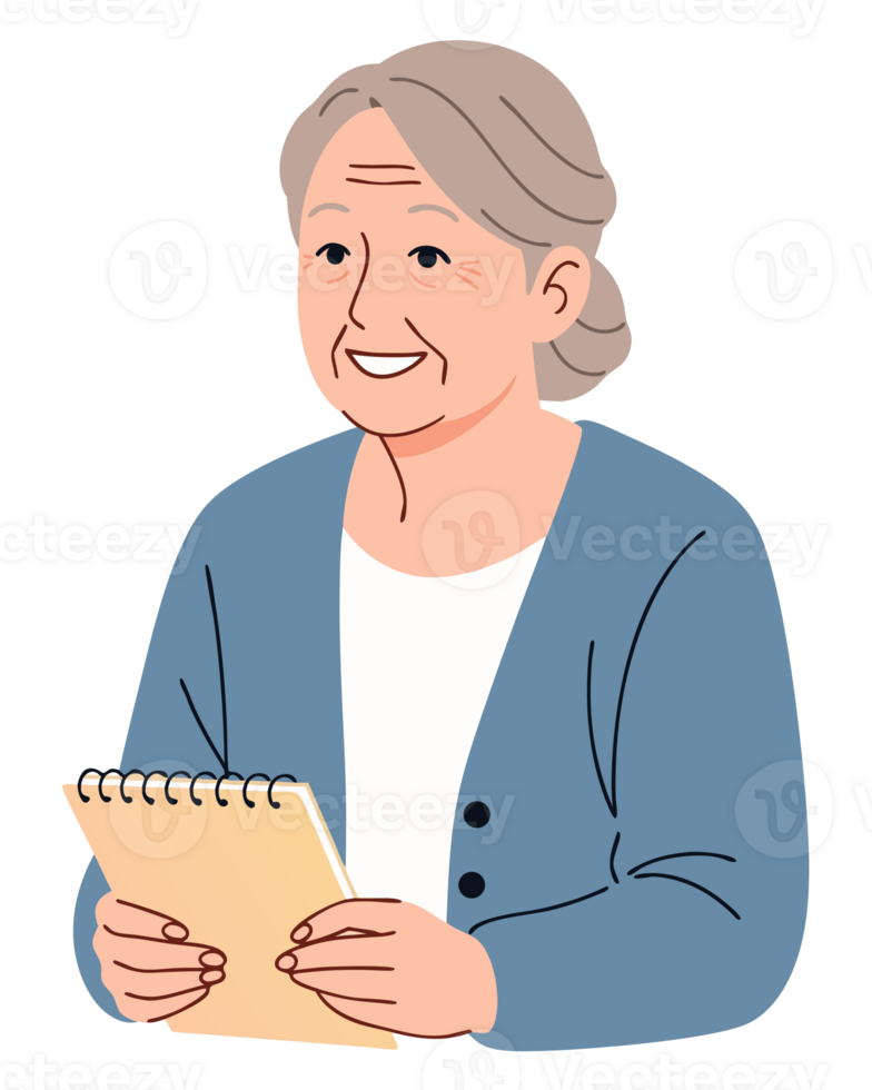 Senior Woman Smiling with Notebook in a Relaxed Indoor Setting png