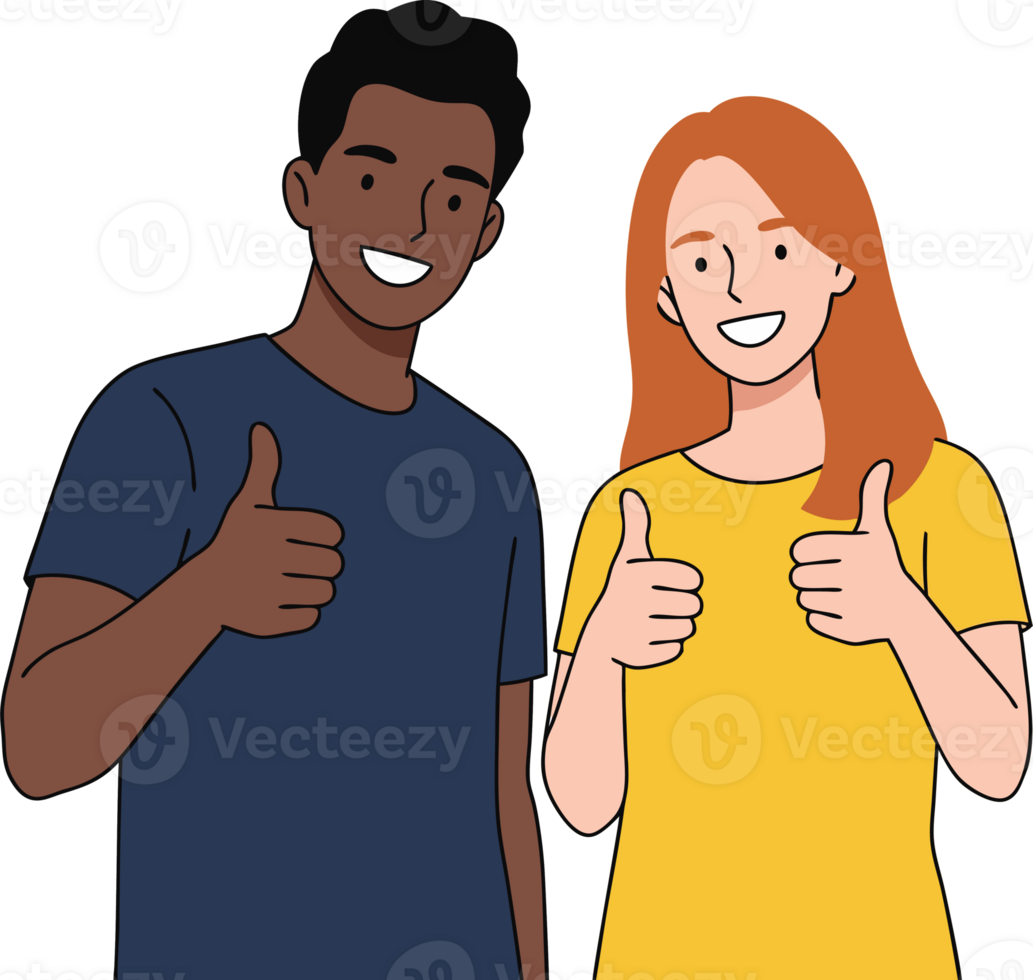 Happy and Diverse Couple Giving Thumbs Up, Symbolizing Teamwork and Success in a Positive Environment png