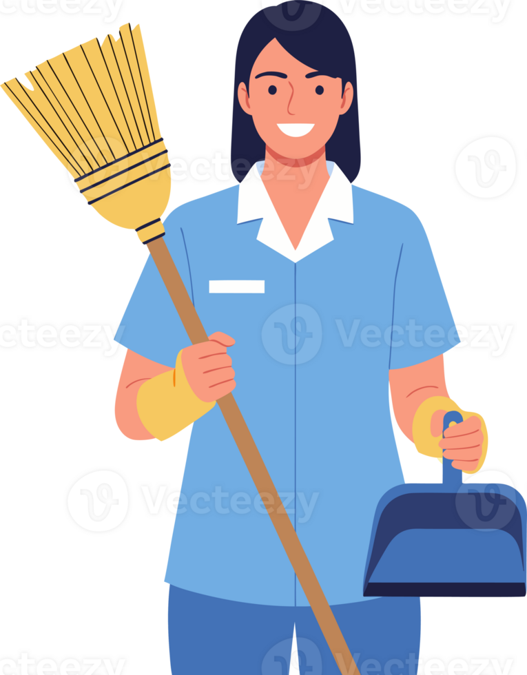 Happy Domestic Cleaner Holding Broom and Dustpan in Blue Uniform Illustrating Home Hygiene and Sanitation Services png