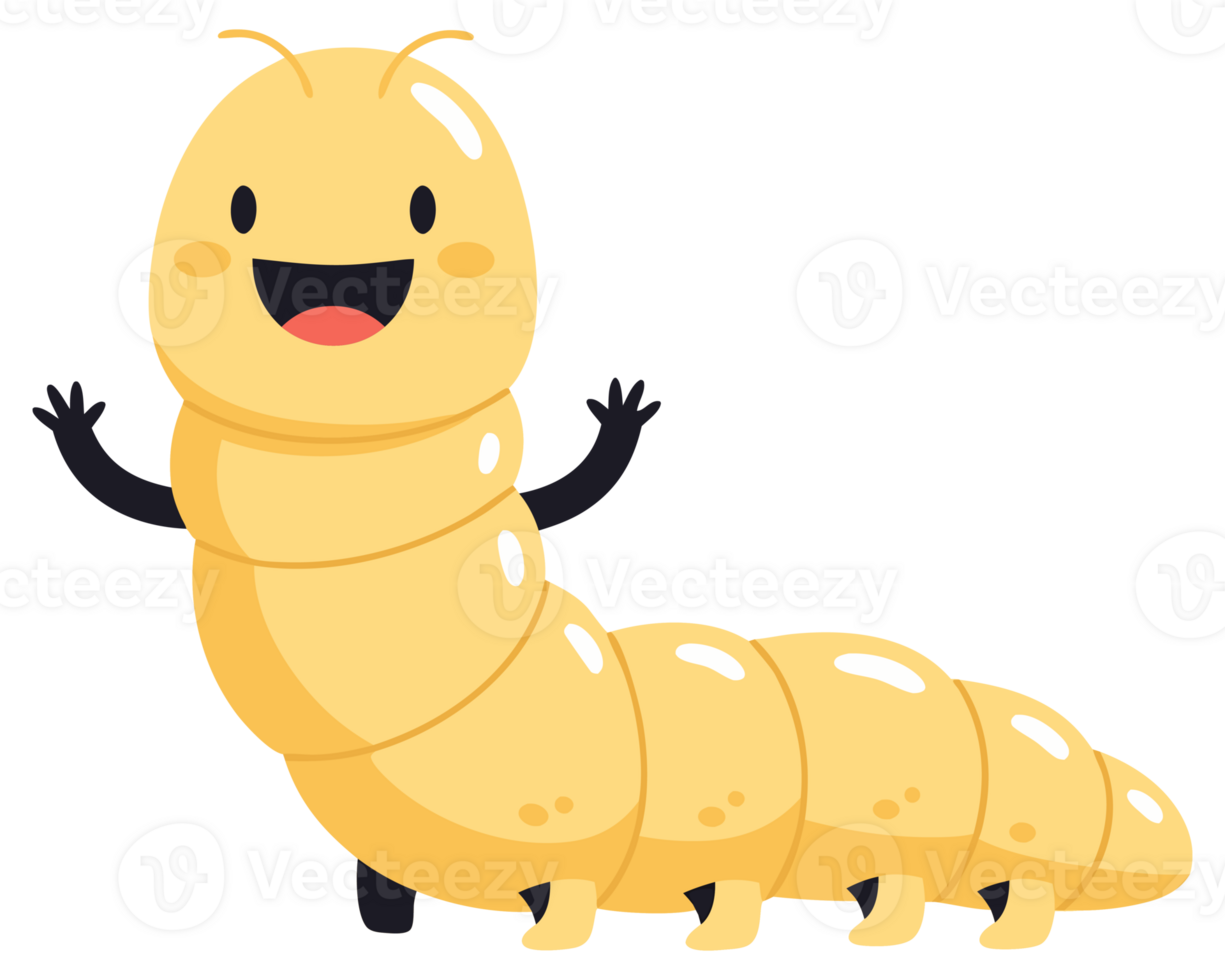 Happy and Cute Silkworm Character Smiling and Waving with Joyful Expression, Perfect for Illustrative and Educational Uses png