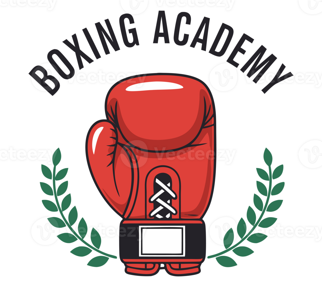 Vibrant Logo Design for Boxing Academy Featuring a Red Boxing Glove Surrounded by Laurels and Bold Text for Training and Sports Promotion png