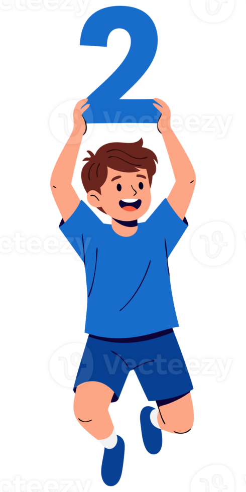 Cheerful Child Holding Up Number Two Sign in Bright Blue Outfit for Counting, Age and Ranking Concepts in a Playful Illustration png
