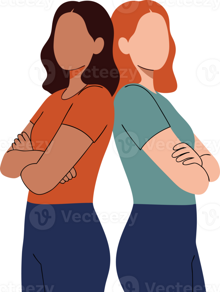 Empowering Illustration of Two Women Back to Back Symbolizing Strength, Independence, and Teamwork in a Modern Concept Design png