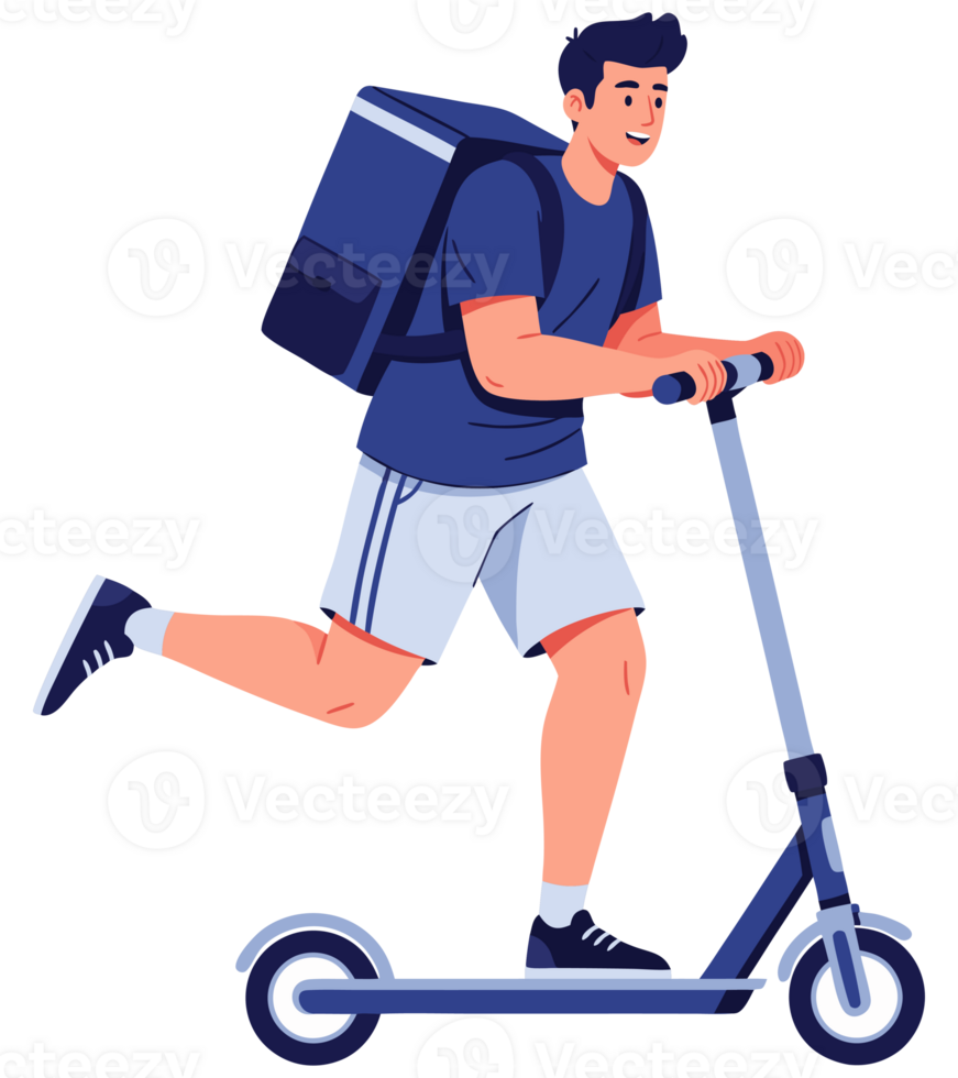 Happy Man Riding Scooter Through Urban Area for Fast and Convenient Delivery Service in a Modern City Setting png