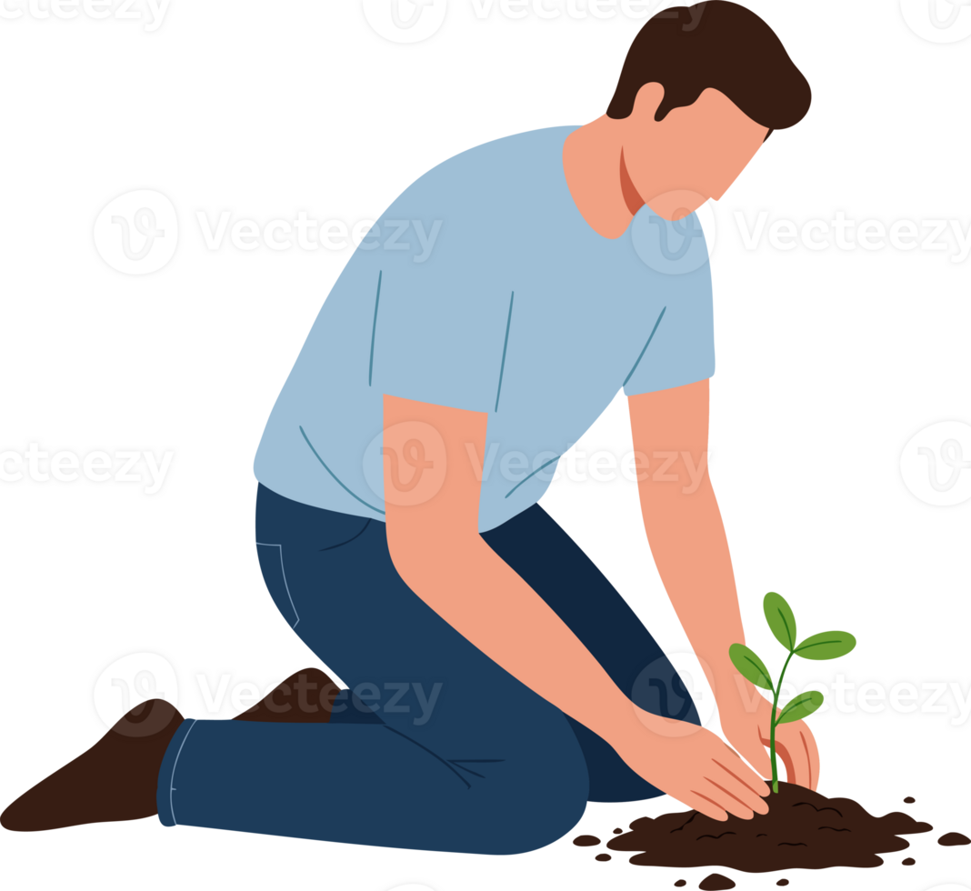 Caring Man Nurturing a Young Seedling in Soil, Emphasizing Growth and Connection to Nature During Gardening png