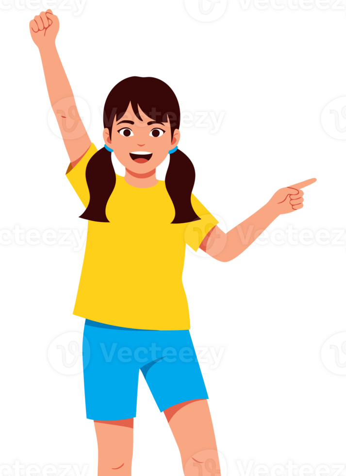 Excited Young Girl Cheering with Raised Arm and Pointing Finger Capturing the Essence of Joyful Celebration and Achievement in a Playful Environment png