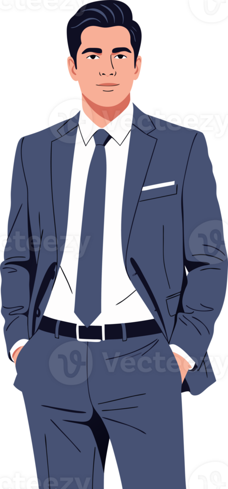 Confident Man in Stylish Blue Suit with Hands in Pockets Posing for a Professional Portrait png