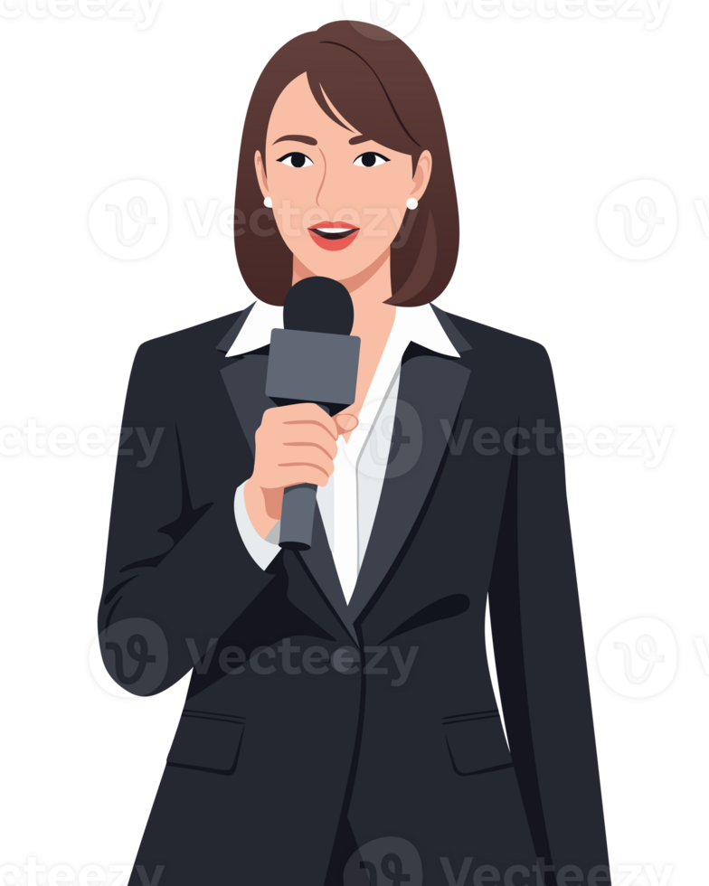 Confident Female Reporter Ready for News Broadcasting with Microphone in Professional Attire, Embodying Modern Communication Skills in Media png