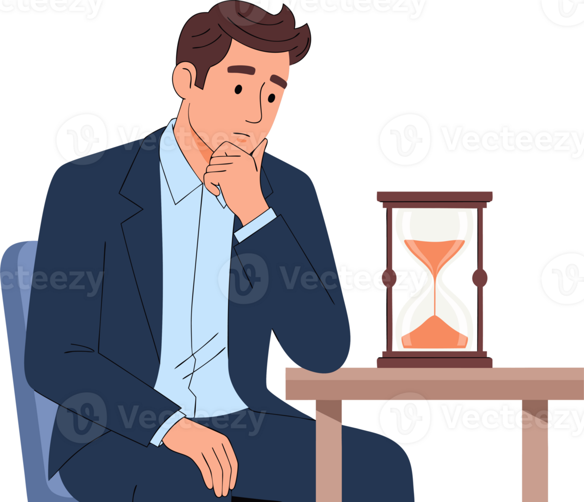 Thoughtful Man Contemplating Time Management While Watching Hourglass, Symbolizing Patience and Deadline Pressure in Professional Life png