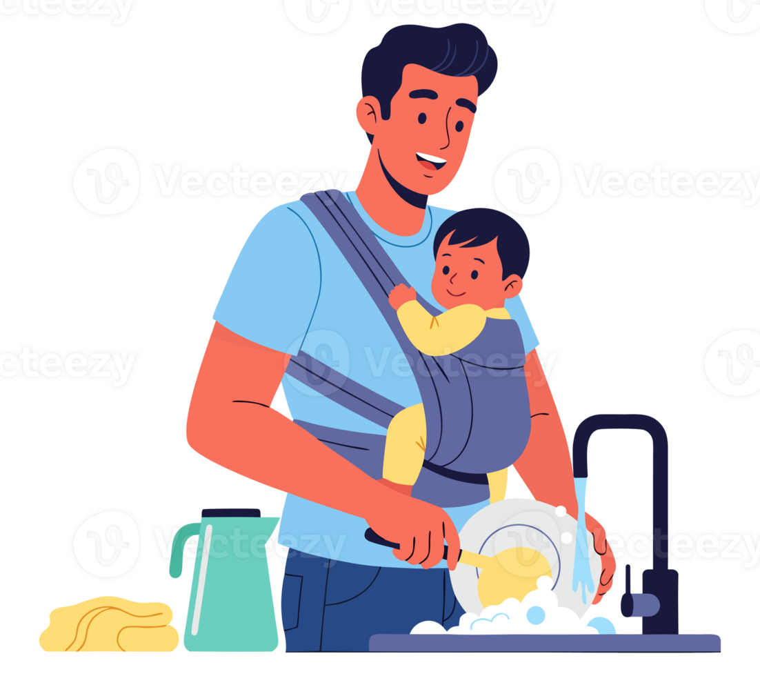 Engaged Father Multitasking at Home by Washing Dishes While Caring for His Baby in a Baby Carrier png