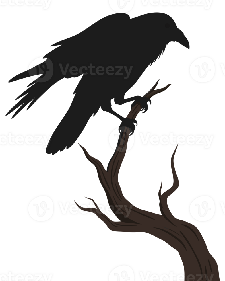 Dark Raven Perched on Bare Branch in Spooky Gothic Nature Scene Perfect for Wildlife and Atmospheric Artwork png