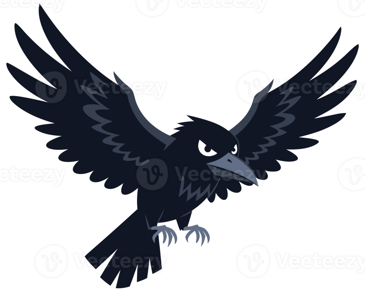 Dramatic Black Crow in Flight with Ominous Expression Captured in Cartoon Style for Wildlife Illustrations and Visual Storytelling png