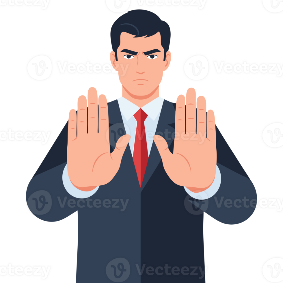 Serious Businessman Making Stop Gesture to Indicate Refusal and Set Boundaries in Professional Context png