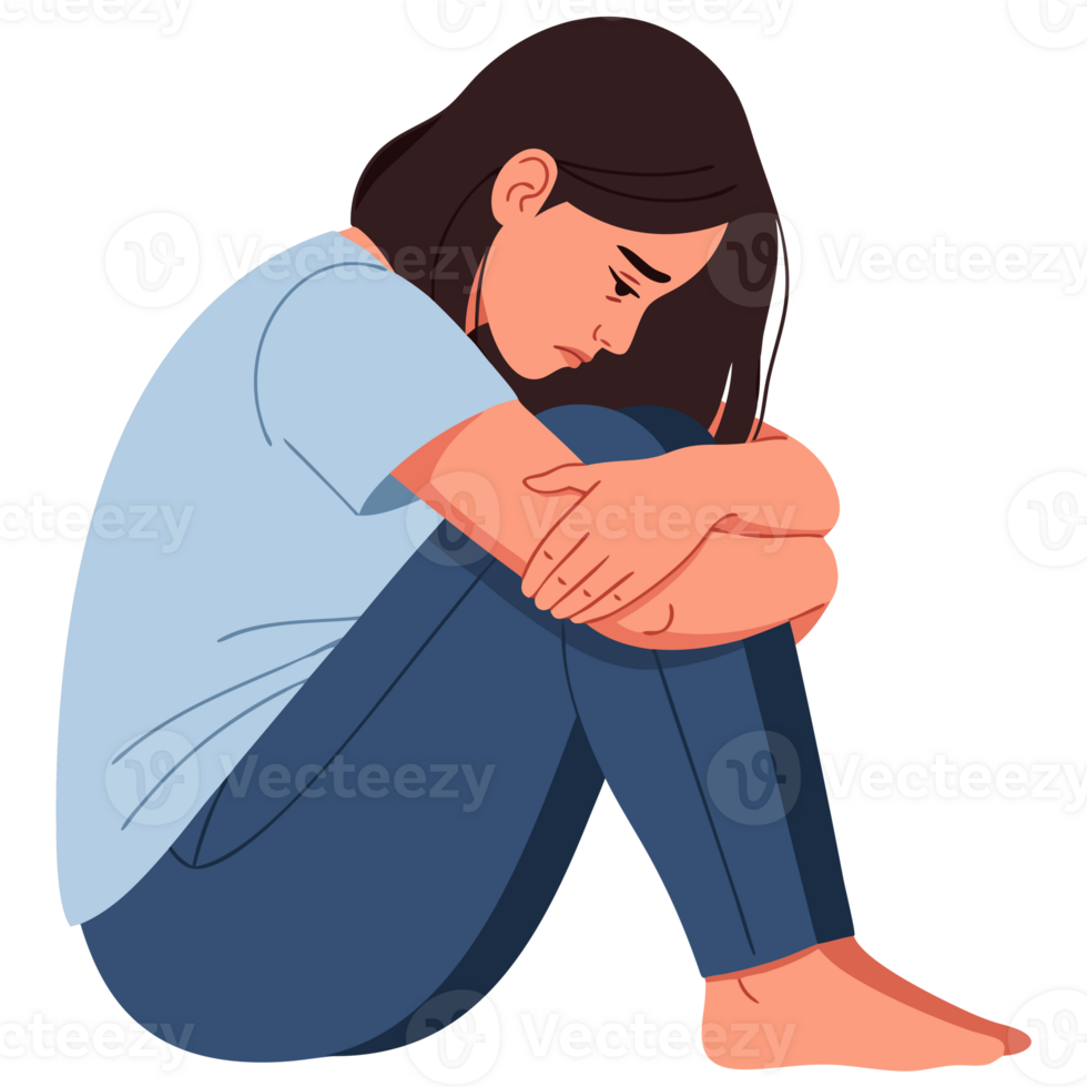 Conceptual Illustration of Lonely Woman Hugging Knees, Portraying Feelings of Depression, Grief, and Despair in a Melancholic Atmosphere png