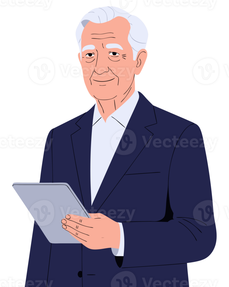 Smiling Elderly Man in Business Attire Holding a Tablet, Representing Professionalism and Technology in Modern Work Environments png