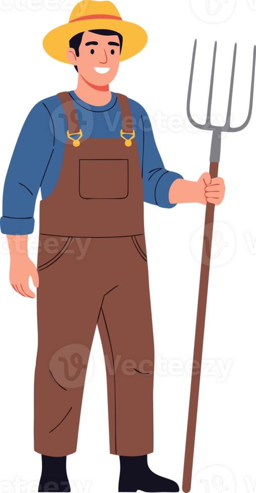 Cheerful Farmer Holding a Pitchfork in Overalls Against a White Background, Representing Agriculture and Rural Lifestyle Concepts in Farming png