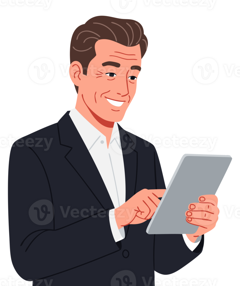 Professional businessman engaging with digital tablet in a modern office setting, showcasing technology use for enhanced communication and productivity png