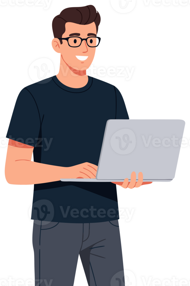Young Man with Glasses Engaged in Remote Work while Using Laptop, Embracing Technology and Learning New Skills at Home png