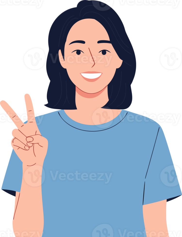 Smiling Woman Making a Victory Sign with Peace Gesture in Casual Blue T-Shirt on a Bright Background png