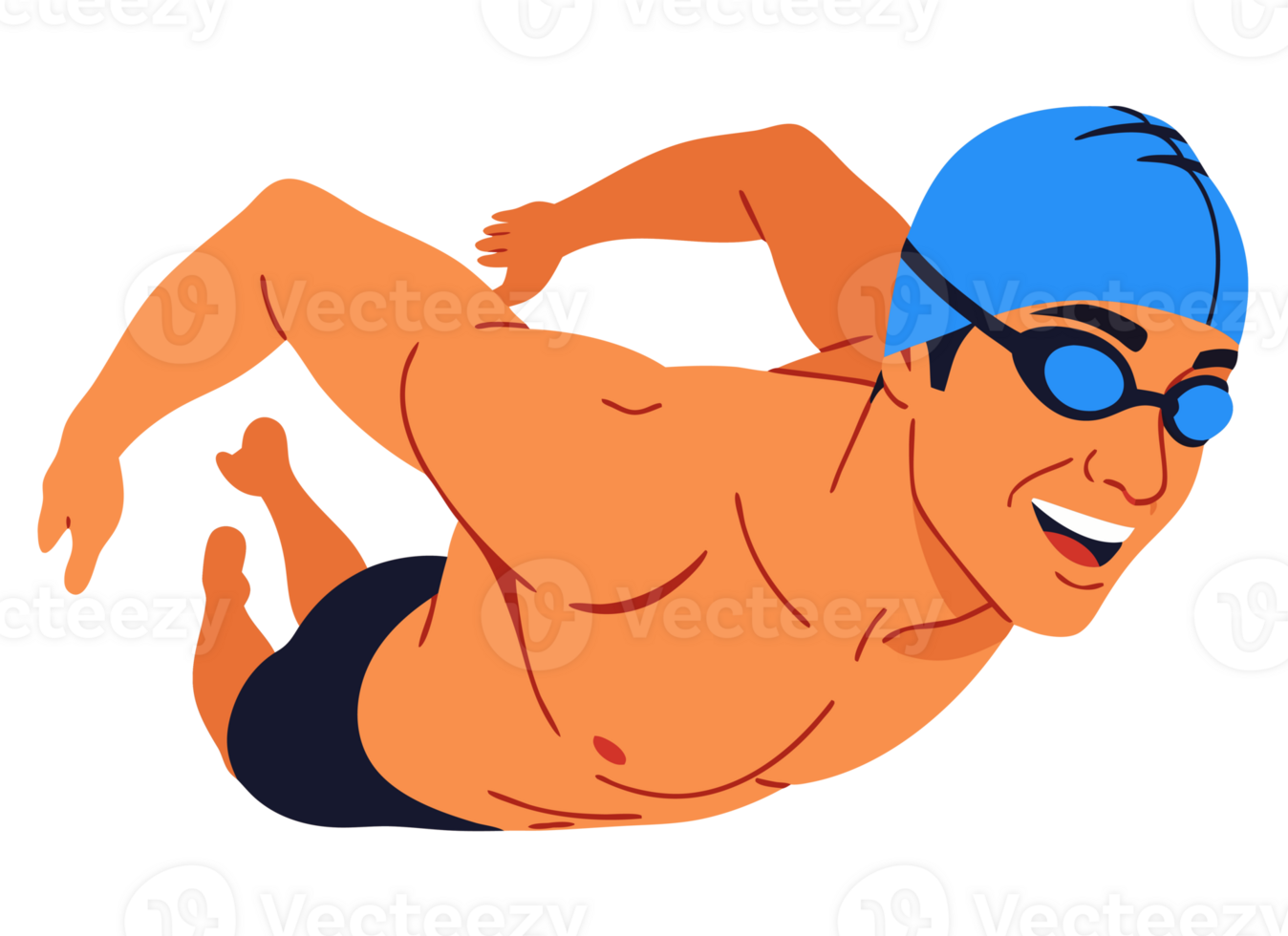 Happy Male Swimmer in Action Showcasing Aquatic Fitness and Active Lifestyle with a Vibrant Blue Swim Cap and Enthusiastic Expression png