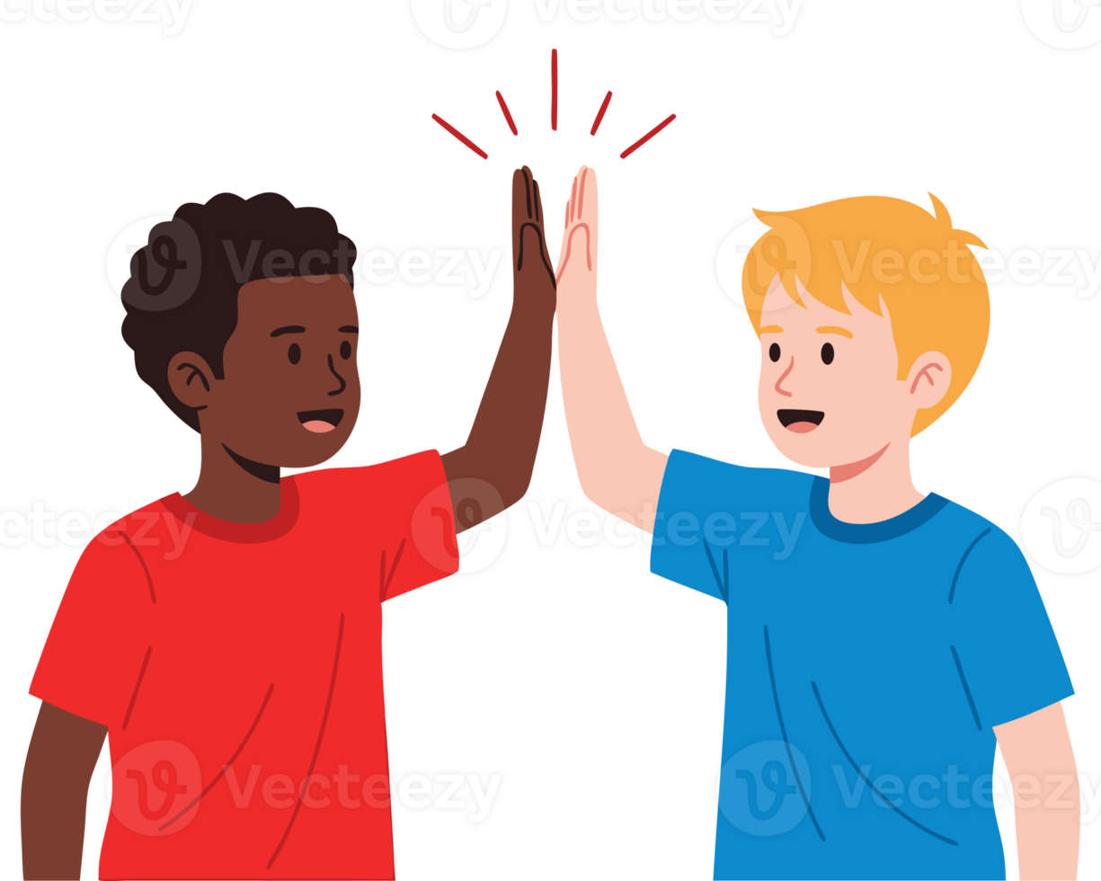Joyful Moment of Two Boys High-Fiving to Celebrate Friendship and Teamwork with Smiles and Excitement in a Colorful Illustration png