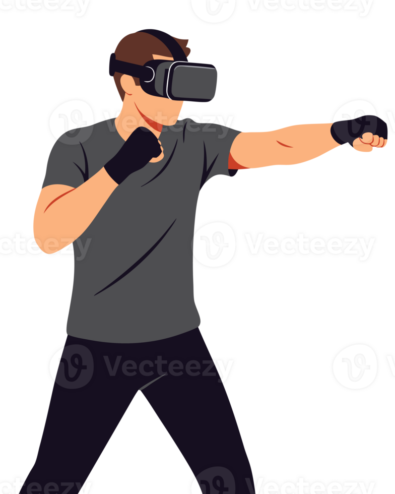 Futuristic man wearing VR headset engaged in immersive gaming experience in the metaverse with dynamic and vibrant entertainment elements png