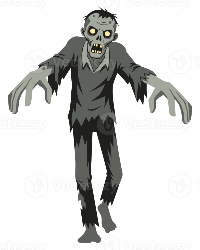 Creepy Zombie Character in Tattered Clothing with Eerie Glow Eyes Perfect for Halloween Themes and Horror Spectacles png