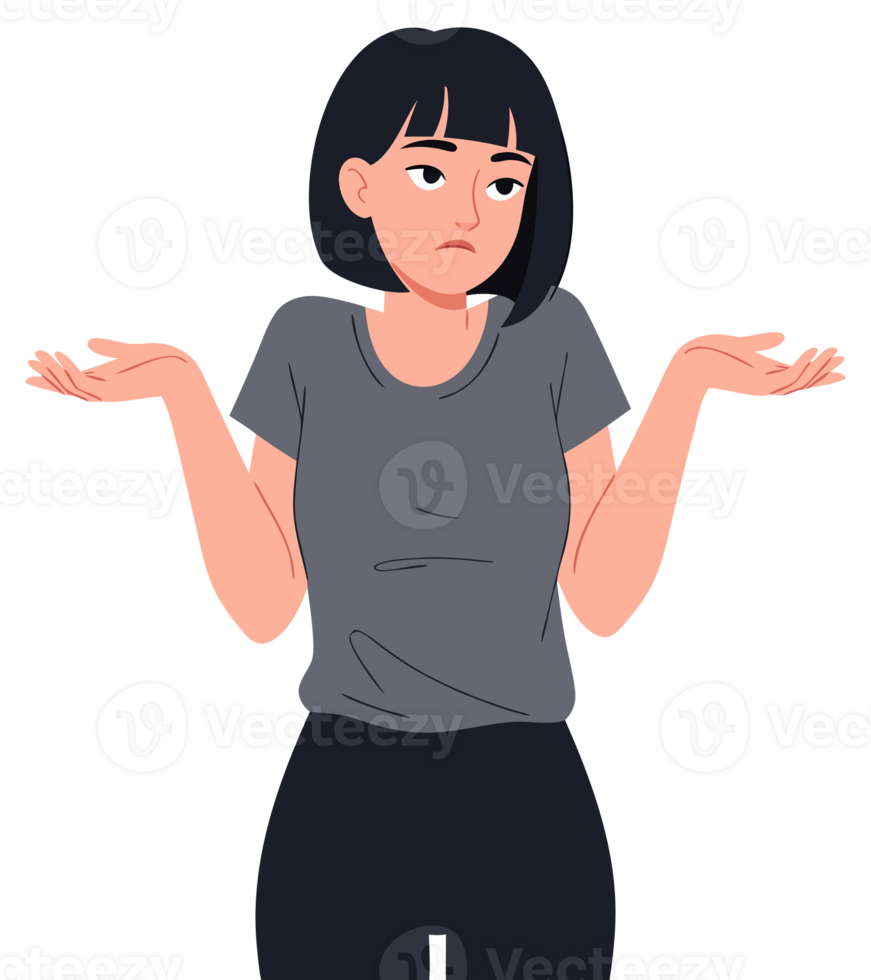 Young Woman with Shrugging Gesture Showing Confused Expression Signifying Uncertainty and Dilemma with Questioning Attitude in a Modern Illustration png