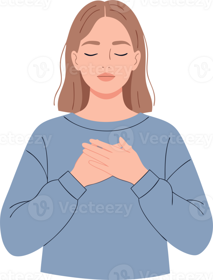 Woman with Eyes Closed and Hands on Chest in a Calming Gesture of Mindfulness and Meditation Practice png