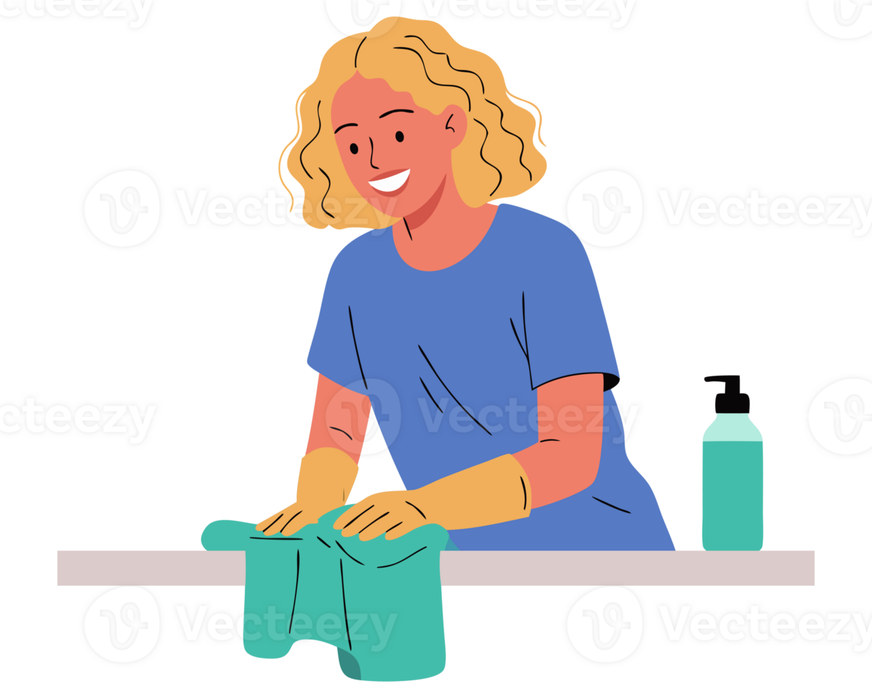 Person Engaged in Household Chores Wiping Down Counter with Cleaning Cloth to Promote Hygiene and Sanitation in a Bright and Cheerful Setting png