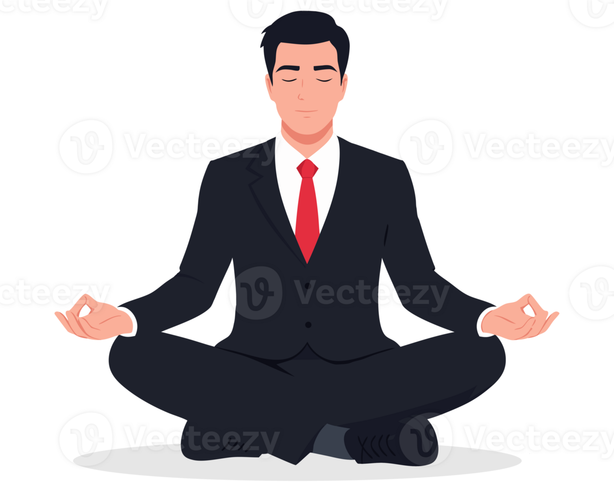 Businessman Practicing Meditation in Lotus Pose for Stress Relief and Mindfulness with Professional Attire and Calm Expression png