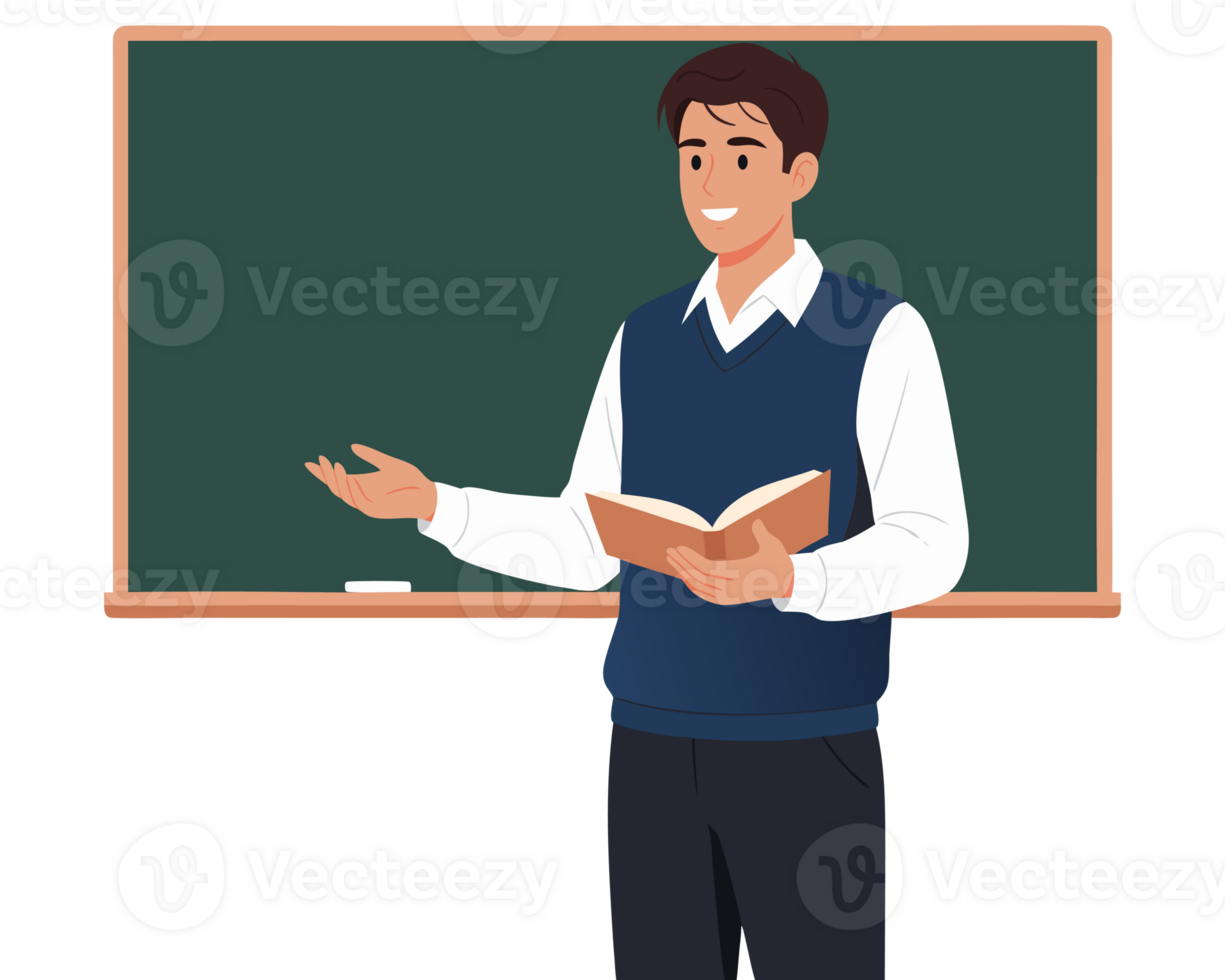 Male Teacher Explaining Concepts in Classroom with Chalkboard and Open Book, Engaging Students in Learning Activities png