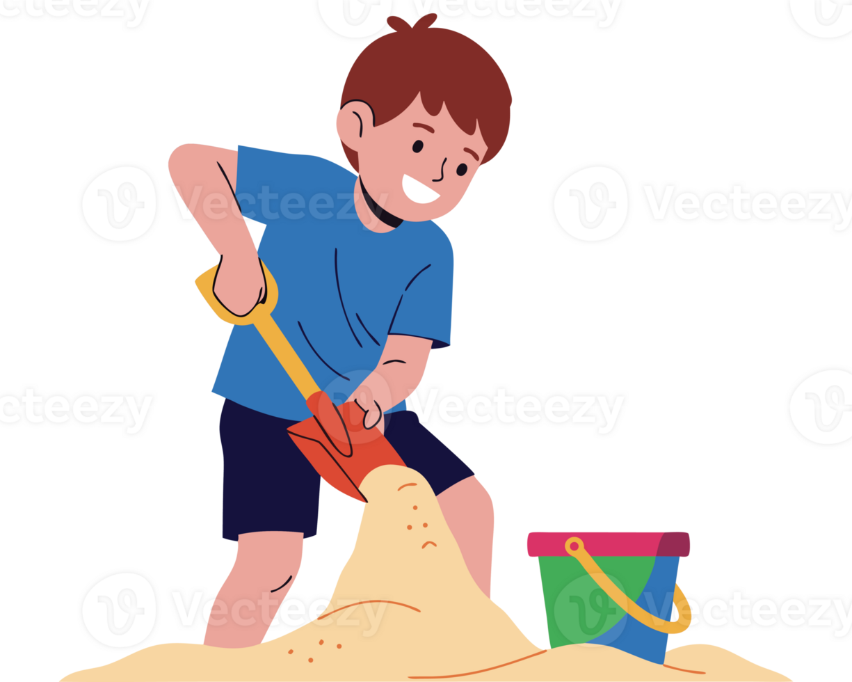 Joyful Boy Playing in a Sandbox During a Sunny Summer Day, Engaging in Creative Imagination and Fun Activities by the Beach png