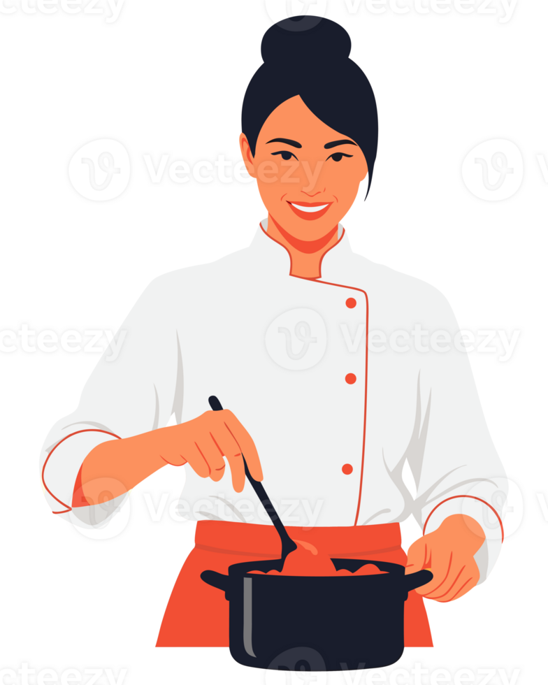 Professional Female Chef in Kitchen Smiling While Preparing Delicious Dish with Passion for Culinary Arts png