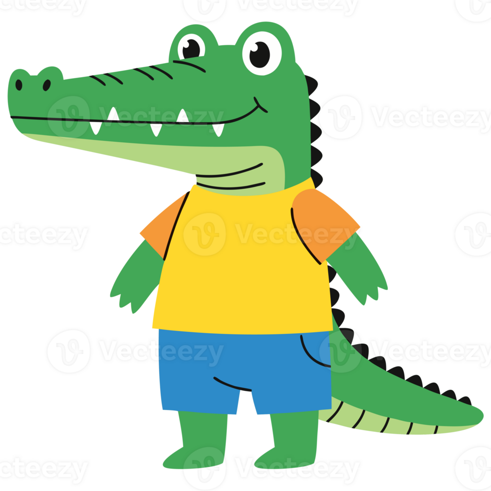 Playful Cartoon Reptile Mascot Friendly Crocodile with Bright Colors in Fun Attire Perfect for Kids and Animal Lovers png