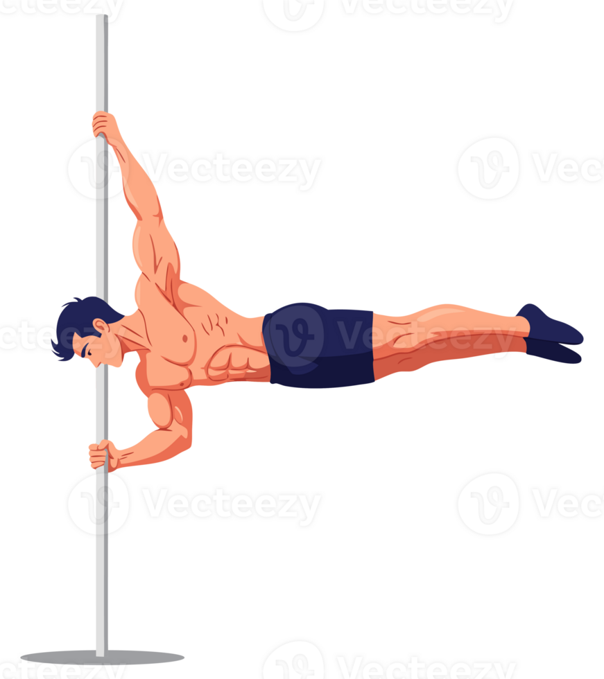 Intense Bodyweight Workout of a Strong Man Performing a Flag Hold on a Vertical Pole for Calisthenics Training png
