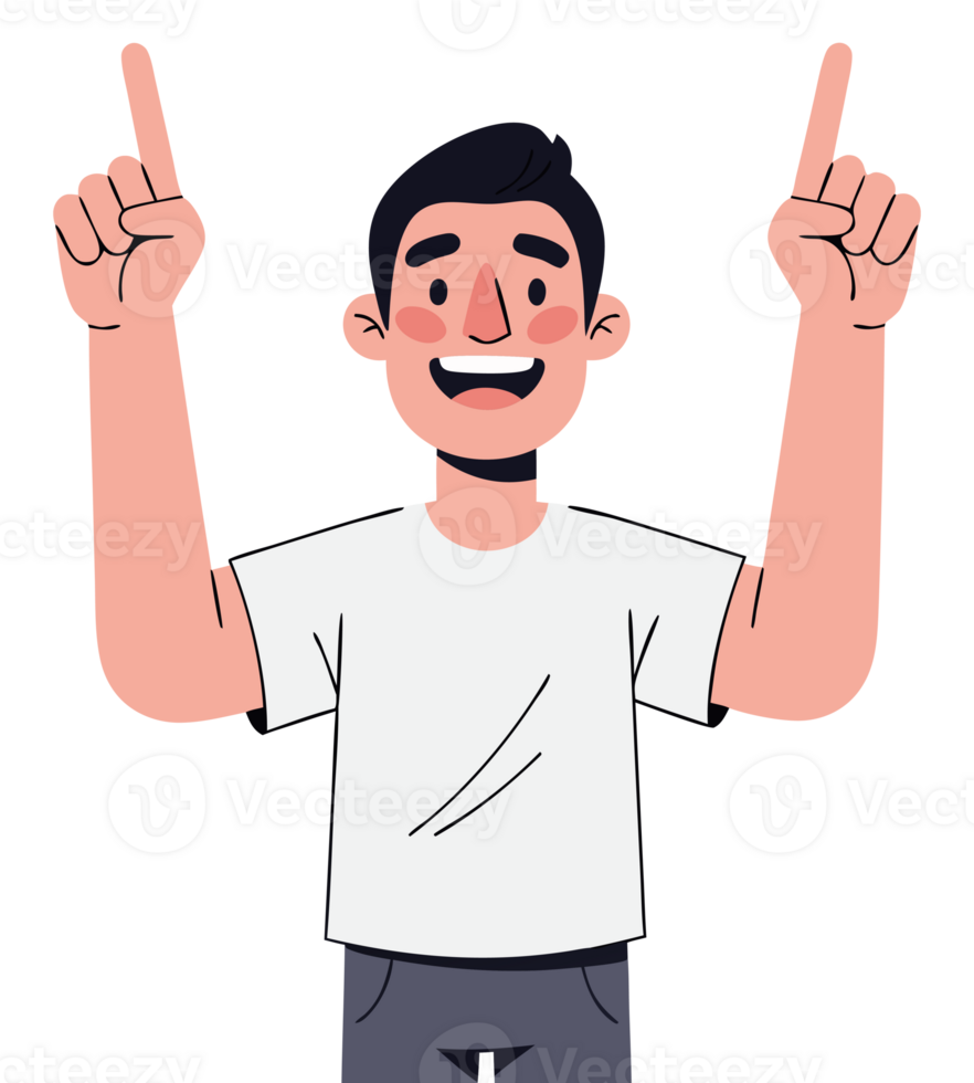 Cheerful Young Man with a Bright Smile Pointing Upward, Celebrating an Idea and Expressing Happiness and Enthusiasm in a Fun Design png