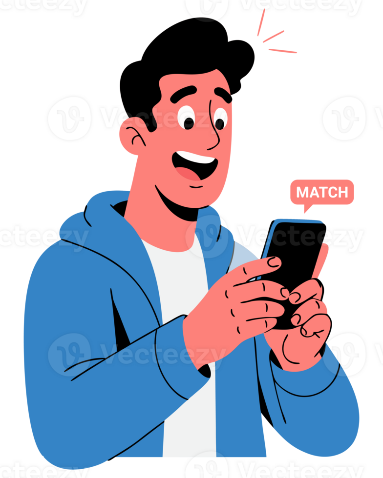 Happy Man Finds Match on Dating App, Celebrating Online Romance with Excitement and Joy in a Digital Concept Illustration png