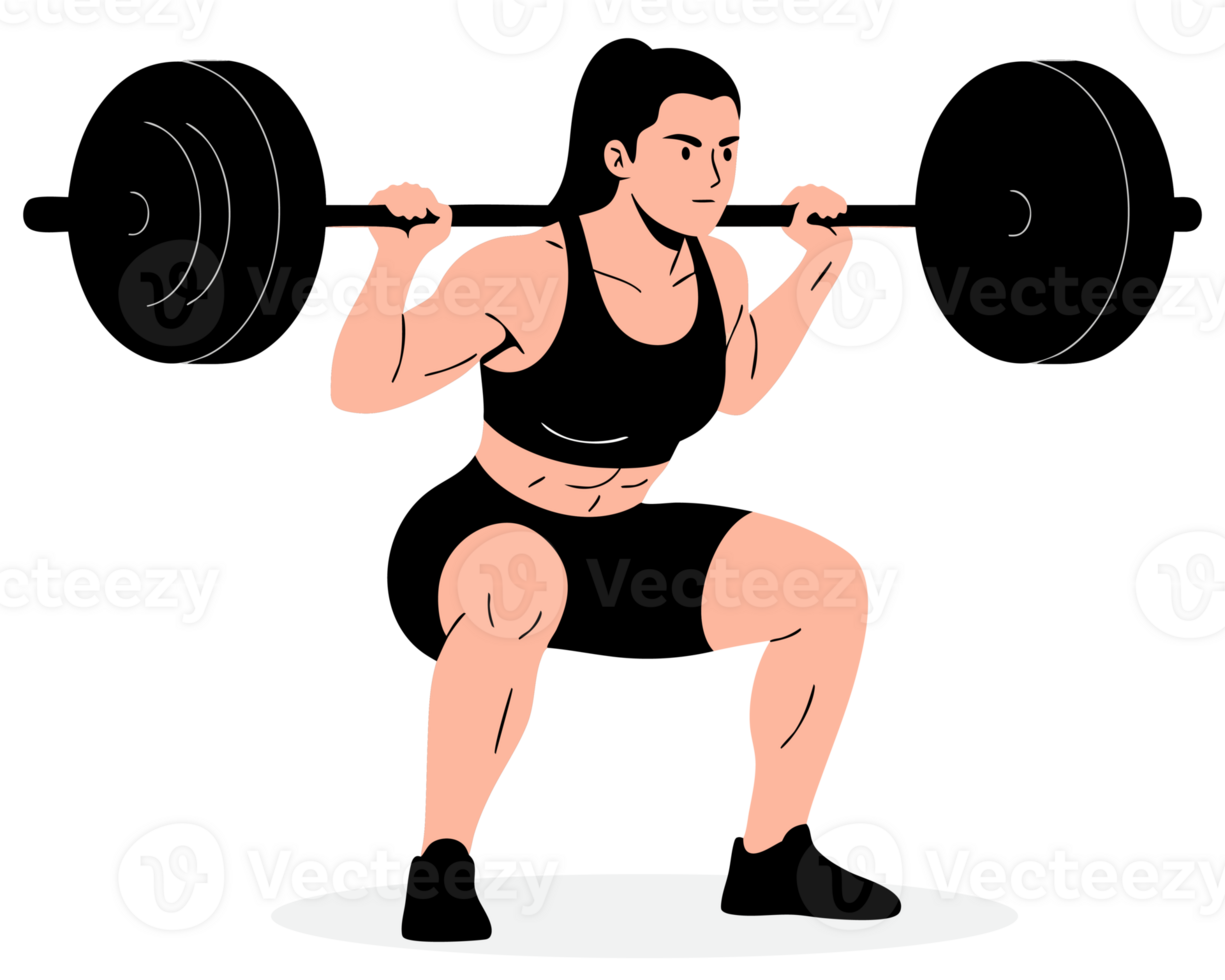 Strong Woman Performing Barbell Squats for Fitness Workout in a Gym Environment, Highlighting Strength and Determination in Weightlifting Performance png