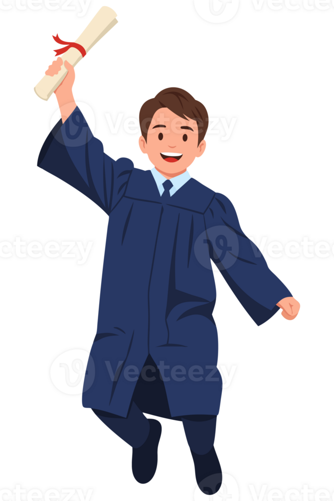 Happy Young Graduate in Cap and Gown Celebrating Achievement with Diploma in Hand and Jumping with Joy for Milestone Success png