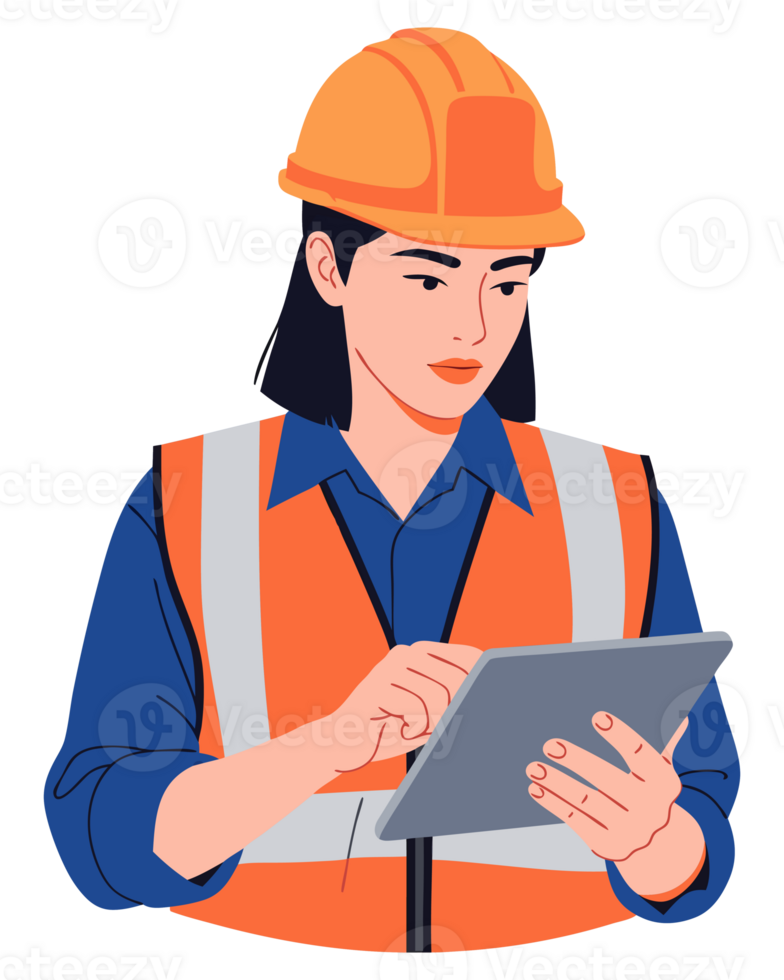 Female Engineer in Construction Industry Using Tablet for Project Management and Safety Innovation in Modern Work Environment png