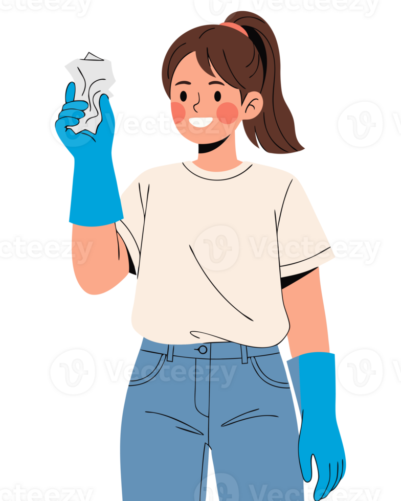 Young Woman Wearing Rubber Gloves Engaging in Housework, Promoting Hygiene and Sanitation While Smiling and Holding a Cleaning Cloth png