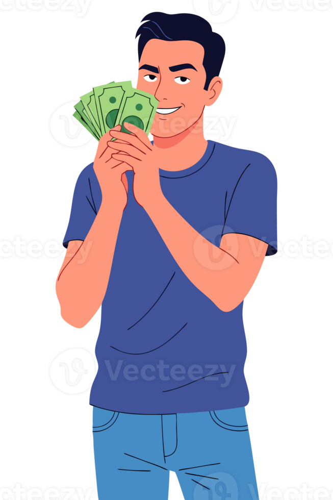 Happy man holding money excited about wealth and financial success demonstrating income and profit in a cheerful and engaging manner png