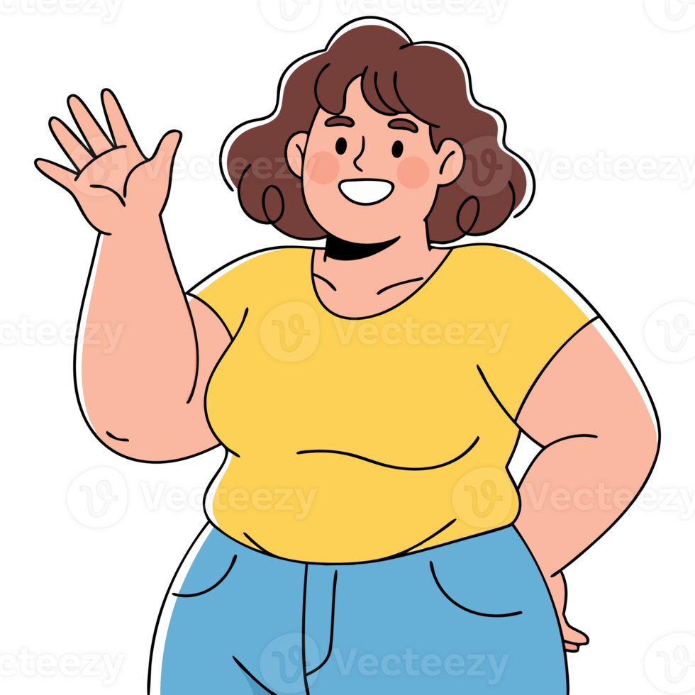 Cheerful Woman Waving Hello with a Bright Smile in a Simple Yellow Shirt Expressing Warmth and Positivity in a Friendly Gesture png