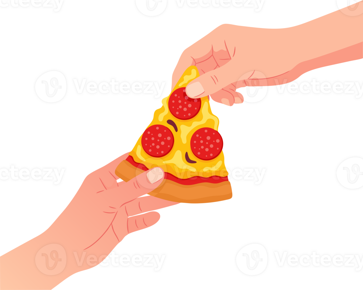Hands Exchanging a Slice of Pizza Representing Generosity and Friendship During a Shared Meal Experience png