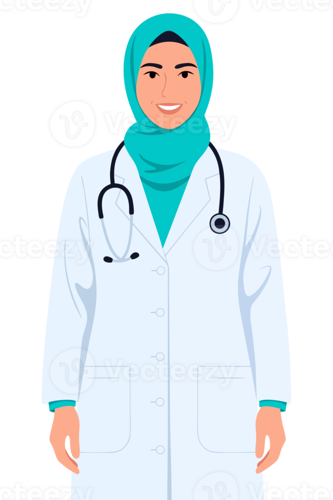 Confident Female Muslim Doctor in Professional Attire Smiling with Stethoscope, Representing Medical Expertise and Compassion in Healthcare Setting png