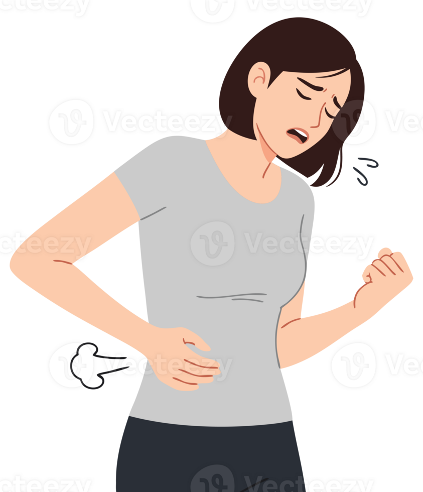 Woman Experiencing Stomach Pain and Discomfort While Gripping Her Side with a Frown on Her Face in a Simple Illustrative Style png