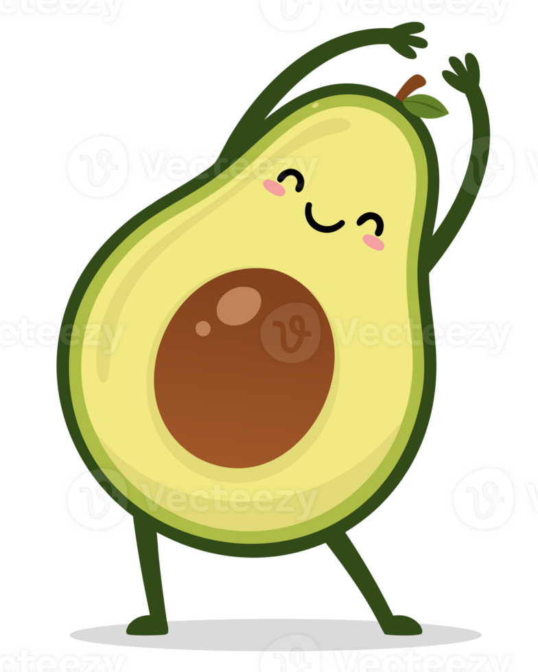 Whimsical Avocado Character Stretching in a Joyful Pose, Representing Fitness, Wellbeing, and Healthy Living Lifestyle png