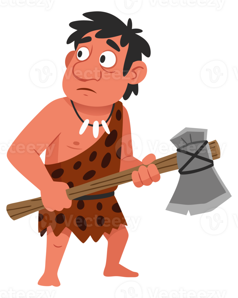 Cartoon Illustration of a Caveman Holding a Stone Axe in a Primitive Setting Reflecting Ancient Evolution of Early Humans png