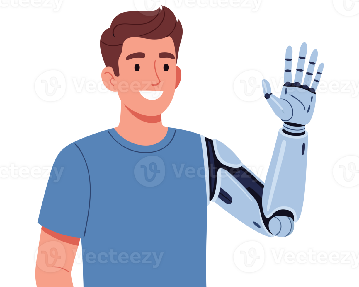 Man with Prosthetic Arm Expressing Joyful Emotion in Innovative Rehabilitation Setting Displaying Advances in Technology and Bionic Solutions png